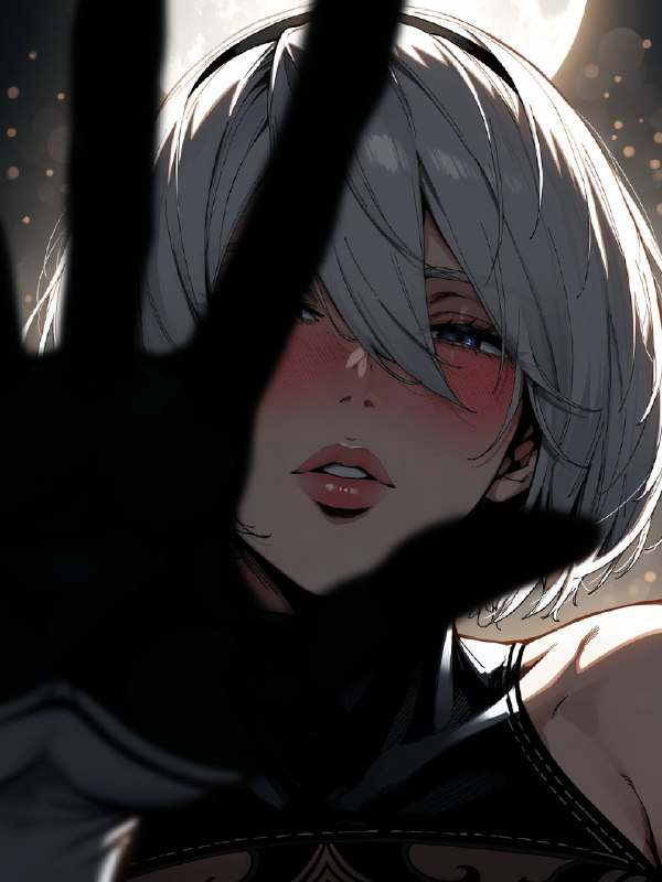 Аниме-арт: 2B из NieR: Automata крупным планом тянет руку к камере, лунный свет — модель Anima
